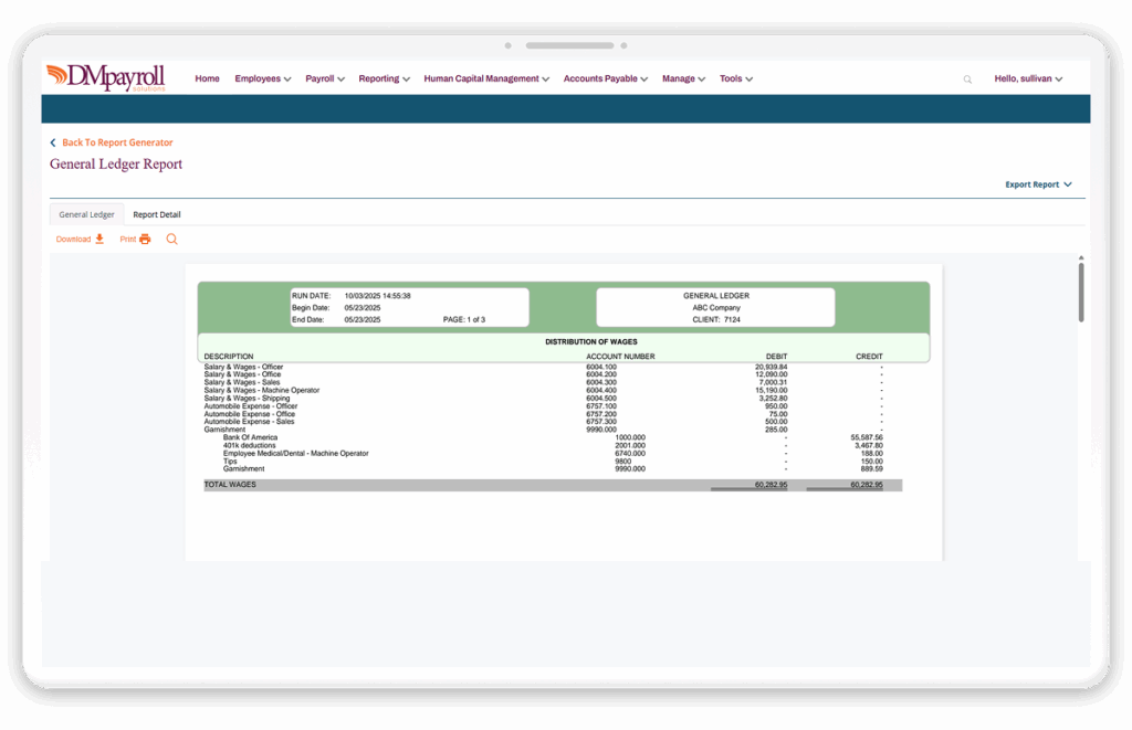 Payroll and integrated general ledger dashboard interface