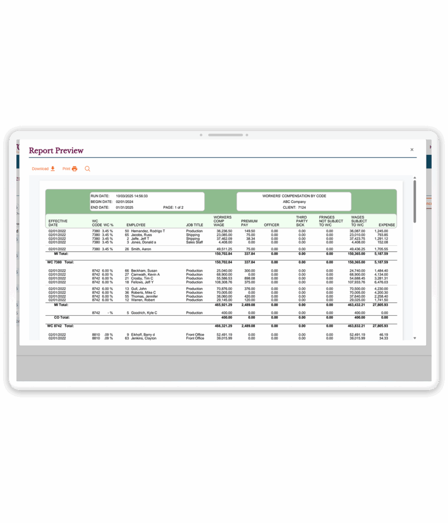 Payroll dashboard showing workers’ compensation integration